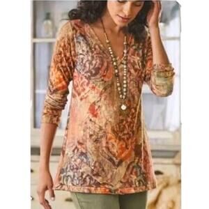 Soft Surroundings Artesia Orange Red Damask Print Soft Tunic Knit Top SZ L